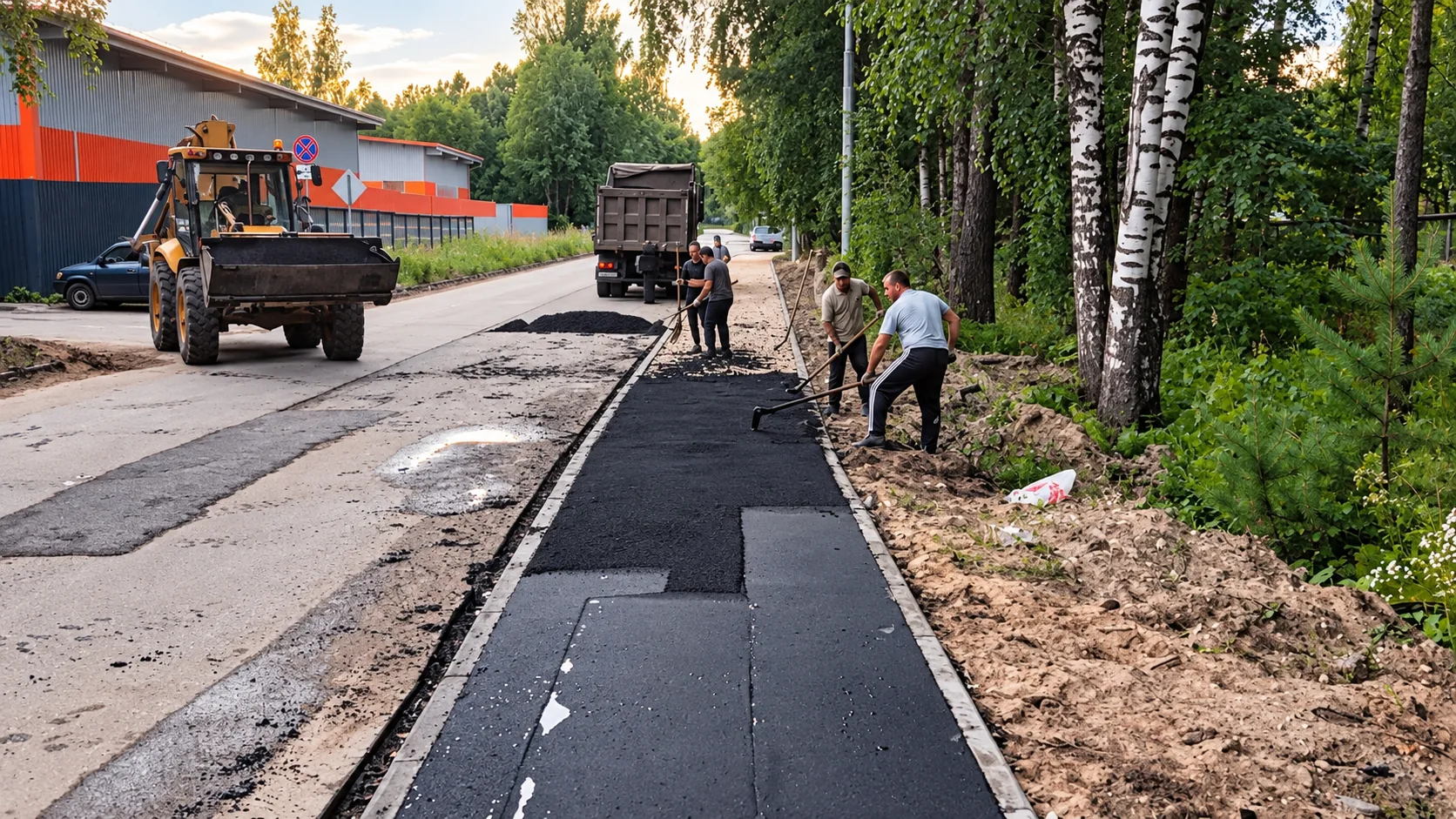 Рабочие укладывают асфальт на тротуаре